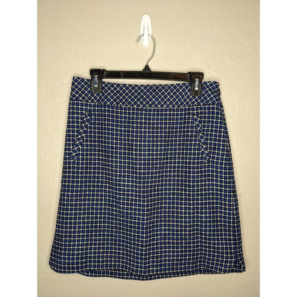 Talbots Womens 4 Blue white Black Plaid Lined Wool A-Line Skirt Faux Pockets